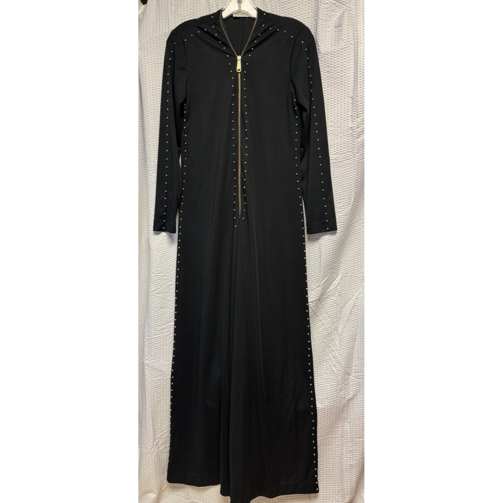 Vintage 1970s Bernie Bee New York Wide Leg Palazzo Jumpsuit Black Studded Zip MD